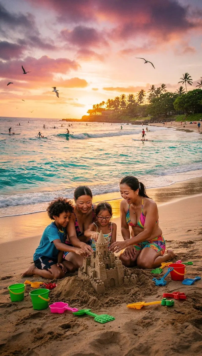 Dzieci bawiące się na plaży, z rodzicami w tle, cieszący się wspólnym czasem.