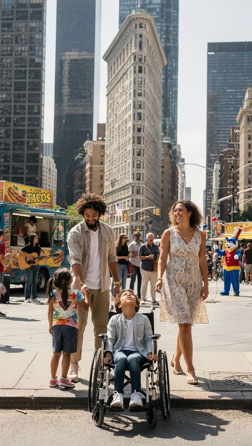 Widok na rodzinę biorącą udział w zajęciach na świeżym powietrzu, dostosowanych do wszystkich.