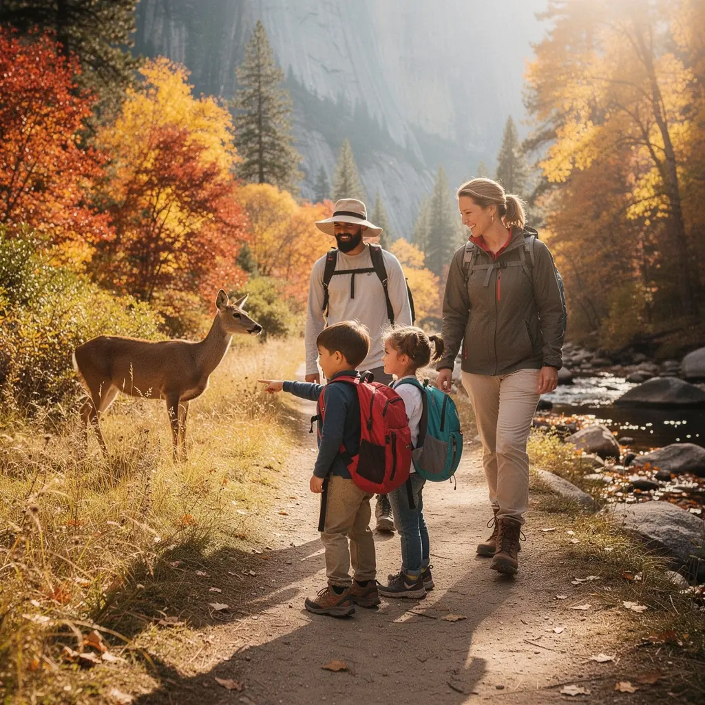Rodzina spacerująca po malowniczym parku narodowym w USA.